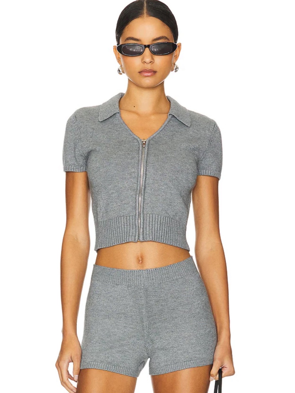 Guizio Gray Zip Collar Cardigan and shorts set